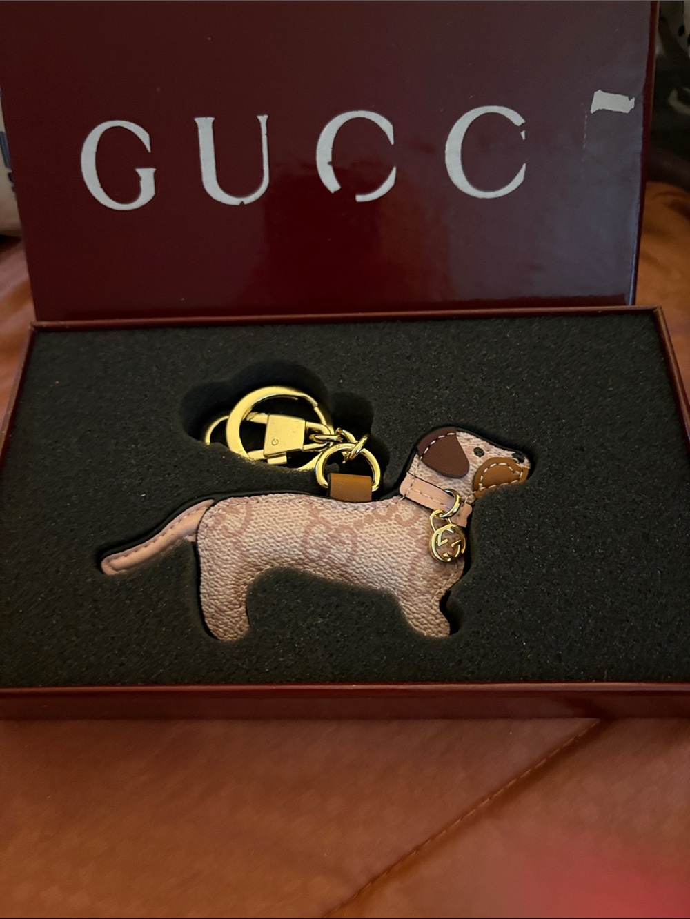 Gucci Pink Brown Dachshund Leather Key & Card Holder Charm